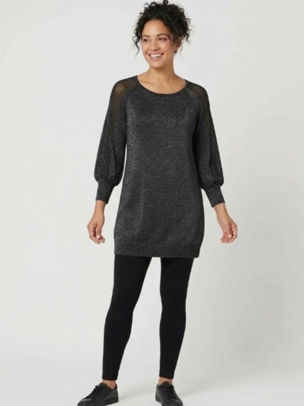 Eileen Fisher Black Glittery Merino Wool Tunic Sweater